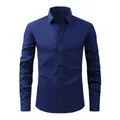 Chemise homme extensible à manches longues bleu marine avec finition soyeuse sans repassage - 43/L / Hauts / Manches longues / Bleu Marine