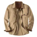 Classic men's khaki cotton workwear shirt featuring brown corduroy collar and pocket trim - S / Top (3261) / Khaki