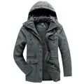 Giacca da uomo grigio scuro con cappuccio, calda fodera in pile e design multi-tasche - S / Tops / Grigio