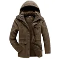 Giacca invernale pesante marrone da uomo con cappuccio, calda fodera in pile e design multi-tasche - S / Tops / Marrone
