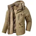 Men's khaki sherpa-lined hooded winter jacket with functional multi-pocket design - S / Tops / Khaki