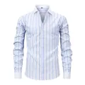 Klassisches, blau-weiß vertikal gestreiftes Herren-Langarmhemd mit Windsor-Kragen. - S / Oberteile / Weißer Hintergrund Blaue Streifen