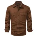 Men's washed cotton long-sleeved work shirt with button chest pockets in brown - S / Tops / Dark Brown