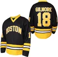 Detail view of the #18 Gilmore movie hockey jersey featuring embroidered Boston letters - S / Tops / Black (No.18)