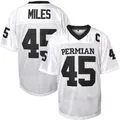 Detail view of retro white American football jersey with embroidered number 45 and Miles name - S / Tops / White