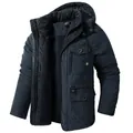 Men's plus size navy blue hooded jacket with thick fleece lining and multi-pockets - S / Tops / Blue