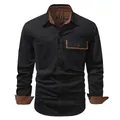 Men's washed cotton long-sleeve work shirt with corduroy collar and cuffs - S / Tops / Black