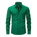 Emerald green long-sleeve men's dress shirt featuring silk-like cooling drape fabric - Dark Green