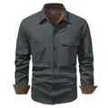 Men's dark grey washed cotton work shirt with brown corduroy accents - S / Tops / Gray