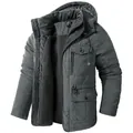 Men's plus size fleece-lined hooded jacket in charcoal grey with multiple utility pockets - S / Tops / Gray