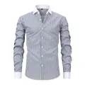 Camicia da uomo a righe verticali blu e bianche con colletto bianco classico a contrasto - S / Tops / Striscia Verticale Blu Bianco