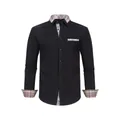 Stylish black long-sleeve business shirt for men with plaid pattern on collar and cuffs - Top (Plaid Trim) / XS / Black