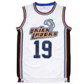 Macro view of the embroidered Brick Layers logo and number 19 on this retro white jersey. - S / Tops / White