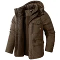 Men's brown corduroy hooded jacket with warm fleece lining and multi-pockets - S / Tops / Brown