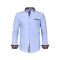Men's stylish light blue long-sleeve dress shirt featuring classic plaid collar and cuff accents - Top (Plaid Trim) / XS / Blue