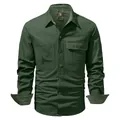 Men's washed cotton long sleeve work shirt in dark green with corduroy trim - S / Tops / Green