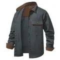 Men's retro washed cotton shirt with corduroy patchwork and metal buttons - S / Tops / Gray