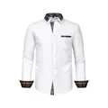 Men's white long-sleeve business shirt featuring stylish plaid trim on collar and cuffs - Top (Plaid Trim) / XS / White