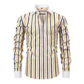 Camicia da uomo a maniche lunghe a righe gialle e blu con colletto bianco a contrasto - S / Tops / Strisce Verticali Gialle e Blu