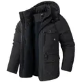 Black men's hooded cotton jacket with warm fleece lining and multiple functional pockets - S / Tops / Black
