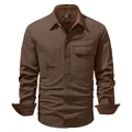 Premium men's brown washed cotton long-sleeve workwear shirt with corduroy cuff detail - S / Tops / Brown