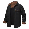 Men's loose black cotton shirt with brown corduroy patchwork and metal buttons - S / Tops / Black