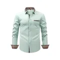 Men's mint green long sleeve shirt with plaid collar and cuffs trim business casual style - Top (Plaid Trim) / XS / Light Green