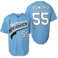 Maglia da baseball ricamata azzurra Powers 55 con viste dettagliate frontale e posteriore. - S / Tops / Blu