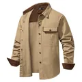 Men's khaki washed cotton shirt with brown corduroy patchwork collar and cuffs - S / Tops / Khaki