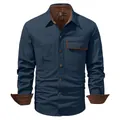 Premium men's navy blue washed cotton work shirt with brown corduroy collar and cuffs - S / Tops / Blue