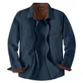 Navy blue men's cotton work shirt featuring brown corduroy contrast collar and cuffs - S / Top (3261) / Blue