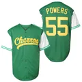 Nahaufnahme der vorderen und hinteren Stickereidetails dieses grünen Baseballtrikots 55 - S / Oberteile / Grün Nr. 55