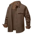 Men's vintage loose brown cotton shirt with corduroy splicing and metal buttons - S / Tops / Brown