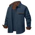 Men's blue washed cotton long sleeve shirt with brown corduroy accents - S / Tops / Blue