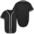 Men's plain black baseball jersey with white piping and full button-down front view - S / Tops / Black