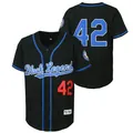 Detailed view of embroidered Black Legend 42 retro hip-hop baseball jersey in black. - S / Tops / Black