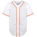 Vista frontale di una maglia da baseball bianca con strisce arancioni vivaci e bottoni frontali - S / Tops / Bianco con nastro arancione