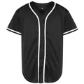 Dettaglio di una maglia da baseball nera classica con profili bianchi a contrasto e bottoni. - S / Tops / Nero con nastro bianco