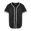 Close-up front view of a classic black baseball jersey with white piping accents. - S / Tops / Black with White Ribbon