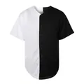 Front view of a minimalist black and white split design baseball jersey with buttons - S / Tops / Black and White Patchwork