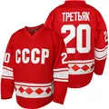 Vintage red CCCP #20 hockey jersey with professional embroidered details and white stripes. - S / Tops / Red 20