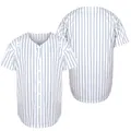 White baseball jersey with blue pinstripes, short sleeve button down style. - S / Tops / White Striped