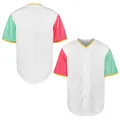 Detailed front and back view of a white baseball jersey with pink and green sleeves - S / Tops / White Contrast Sleeve