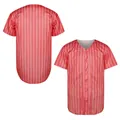 Professional red and white pinstripe baseball jersey shown in front and back views - S / Tops / Red Stripes