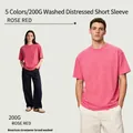 Rose red 200G washed distressed cotton T-shirt in loose American streetwear style - S / Tops / Rose Red