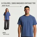 280G heavyweight washed distressed t-shirt in navy blue for men and women - S / Tops / Navy Blue
