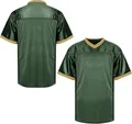 Blank dark green mesh football jersey featuring striped V-neck and sleeve trim for men - S / Tops / Green with Yellow Rib