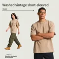 Washed vintage 200G cotton T-shirt in khaki apricot color American streetwear style - S / Tops / Khaki