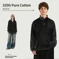 Vintage black 320g washed pure cotton half-zip sweatshirt with loose drop shoulder fit - 4XL / Tops / Vintage Black