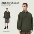 Military green 320g washed cotton half-zip sweatshirt with a vintage distressed finish - 4XL / Tops / Army Green